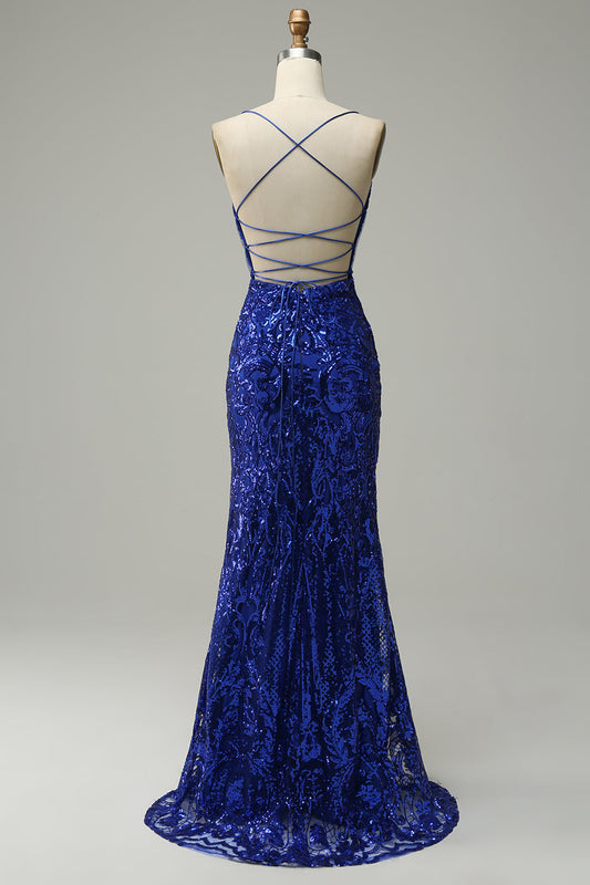 Mermaid Backless Royal Blue Sequins Long Prom Dress