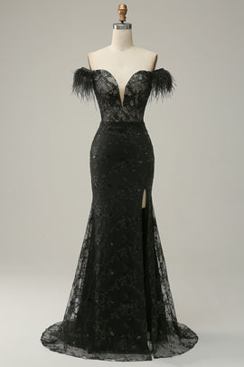 Off the Shoulder Sheath Prom Dress with Feather