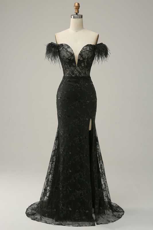 Off the Shoulder Sheath Prom Dress with Feather