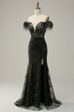 Off the Shoulder Sheath Prom Dress with Feather