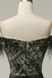 Off the Shoulder Sheath Prom Dress with Feather