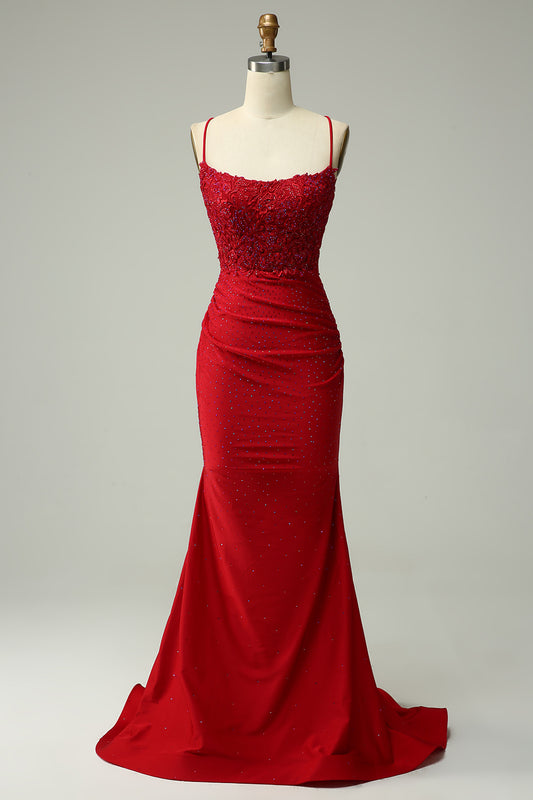 Mermaid Dark Red Satin Spaghetti Straps Prom Dress