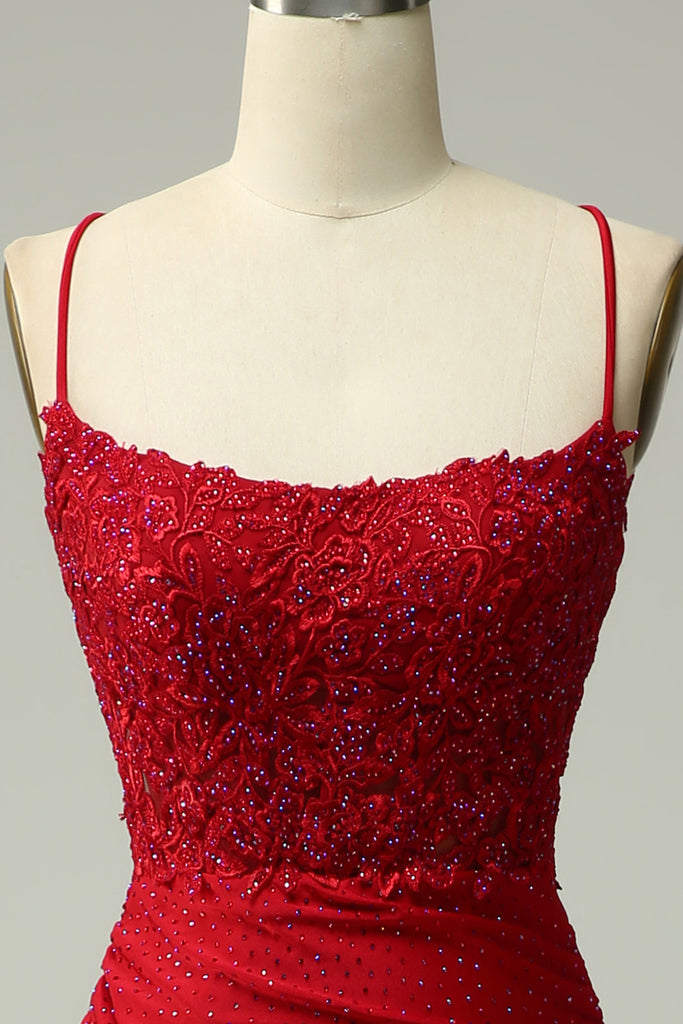 Red Spaghetti Straps Off The Shoulder Mermaid Prom Dress with Rhinestones