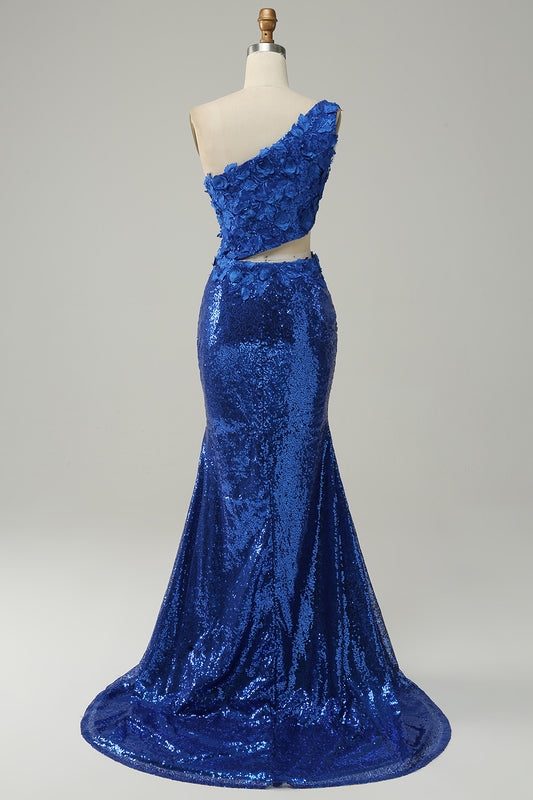 Royal Blue One Shoulder Sparkly Sequins Prom Dress with 3D Flowers