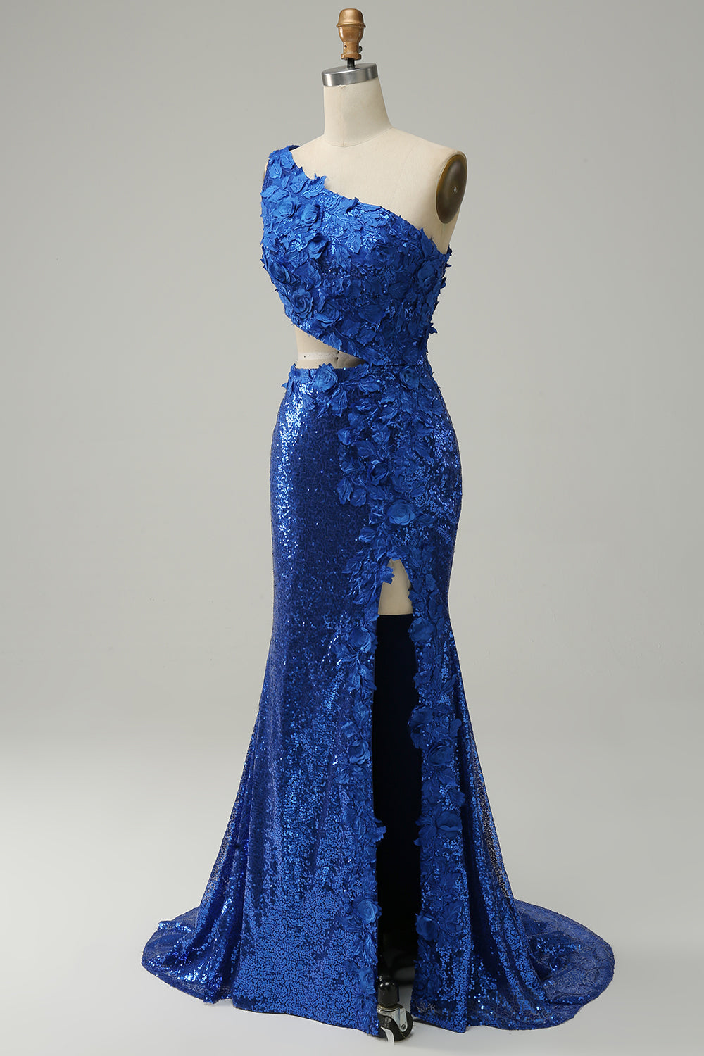 Royal Blue One Shoulder Sparkly Sequins Prom Dress with 3D Flowers