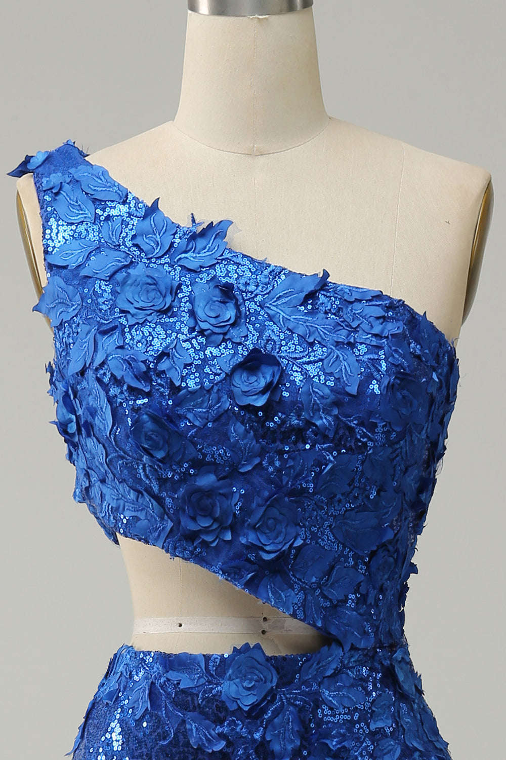 Royal Blue One Shoulder Sparkly Sequins Prom Dress with 3D Flowers