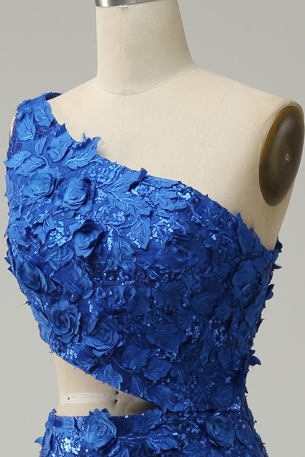 Royal Blue One Shoulder Sparkly Sequins Prom Dress with 3D Flowers