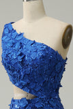 Royal Blue One Shoulder Sparkly Sequins Prom Dress with 3D Flowers