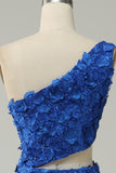Royal Blue One Shoulder Sparkly Sequins Prom Dress with 3D Flowers