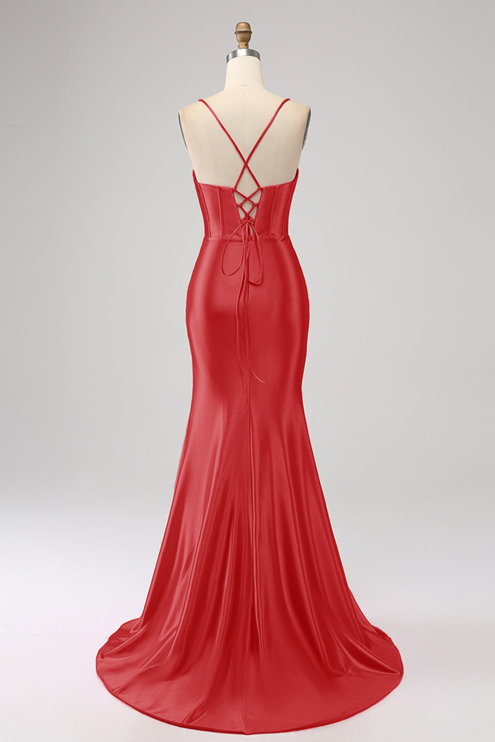 Stunning Red Mermaid Spaghetti Straps Corset Prom Dress with Split Front