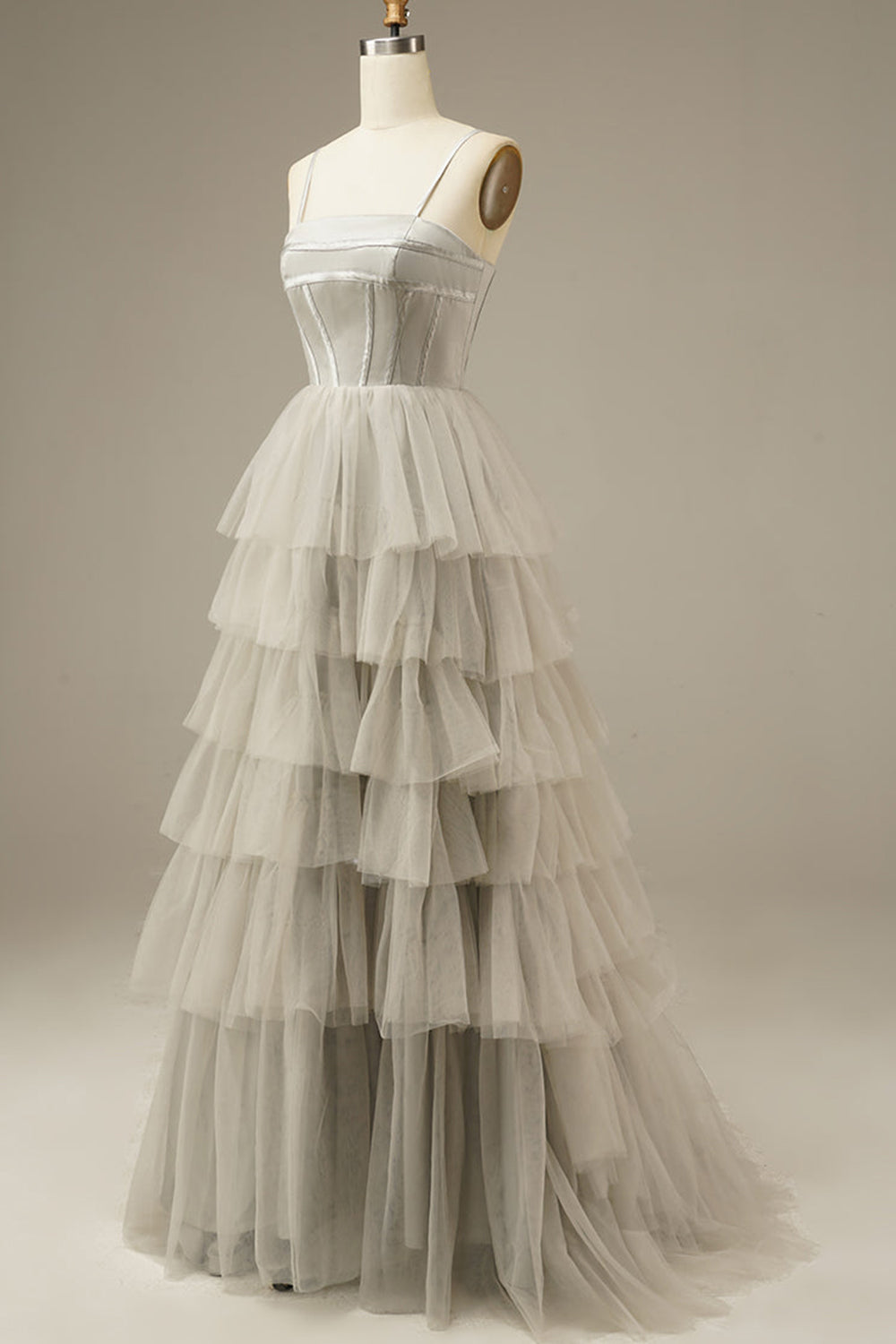 Light Grey Tiered Tulle Princess Prom Dress