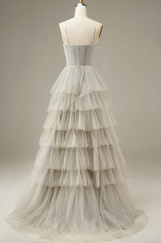 Light Grey Tiered Tulle Princess Prom Dress