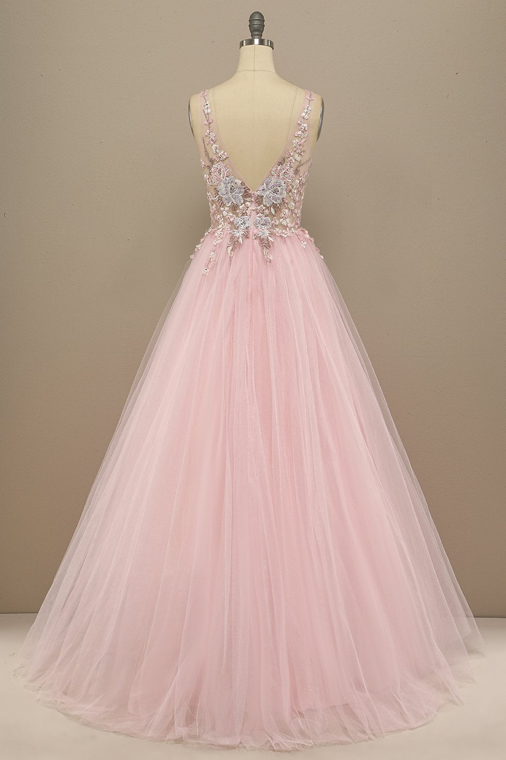 Gorgeous Deep V Neck Grey/Pink Prom Dress with Appliques