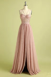 Pink Spaghetti Straps Prom Dress with Split Front