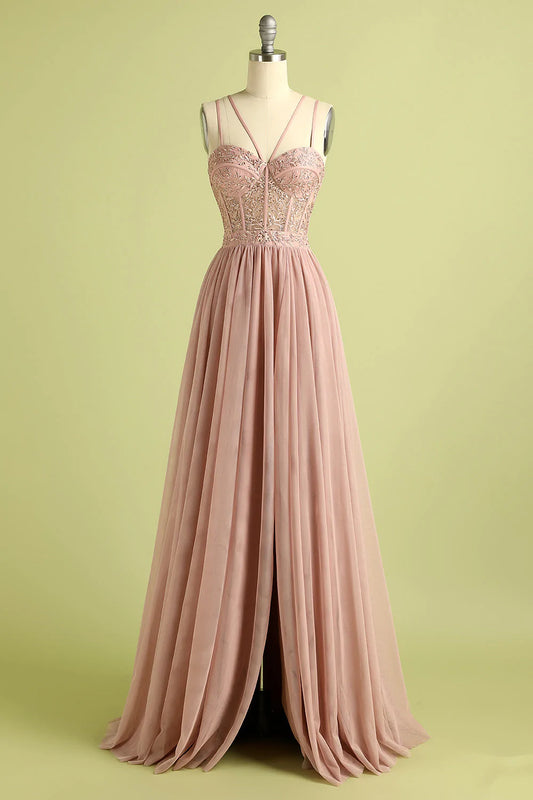 Pink Spaghetti Straps Prom Dress with Split Front