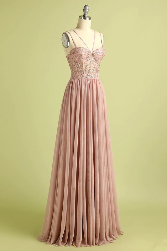 Pink Spaghetti Straps Prom Dress with Split Front