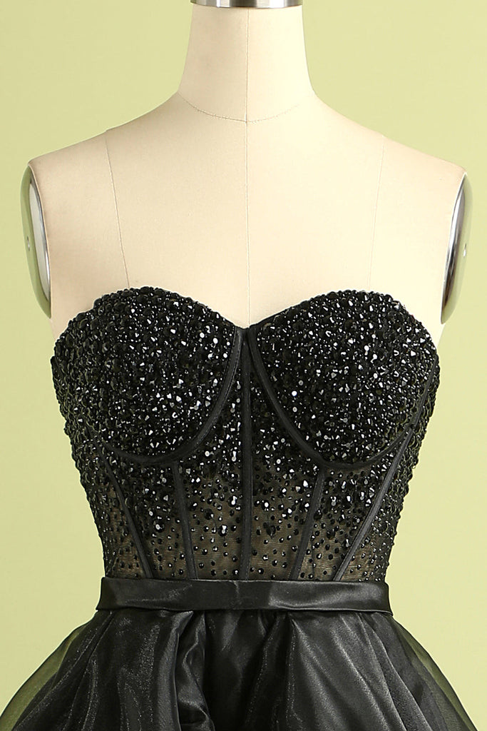 Black Ball Gown Scoop Neck Organza Sleeveless Beading Long Prom Dress  S7467 main image 1