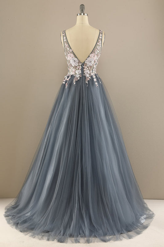 Gorgeous Deep V Neck Grey/Pink Prom Dress with Appliques