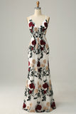 V Neck Mermaid Embroidery Flower Ivory Long Bridesmaid Dress