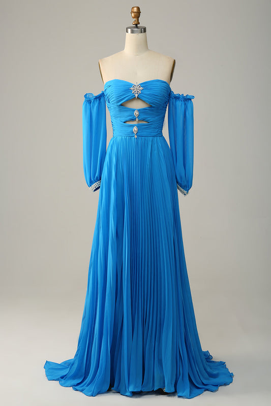 A Line Off the Shoulder Blue Long Prom Dress