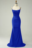 Sparkly Mermaid Dark Green Satin Spaghetti Straps Prom Dress with Lace