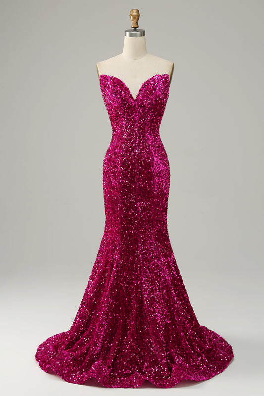 Mermaid Sequins Strapless Fuchsia Prom Dress