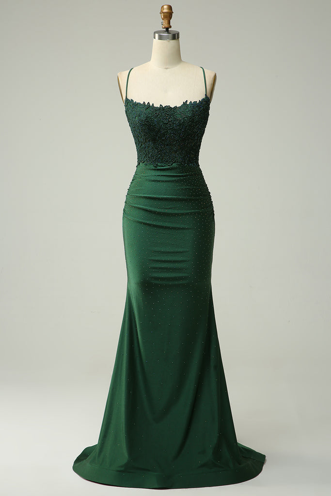 Glitter Tulle A-Line Gown with Floral Lace Appliqué Bodice and Double Spaghetti Straps Prom Dress By Lenovia 8182 main image 1