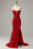 Royal Blue Spaghetti Straps Appliques Prom Dress with Slit