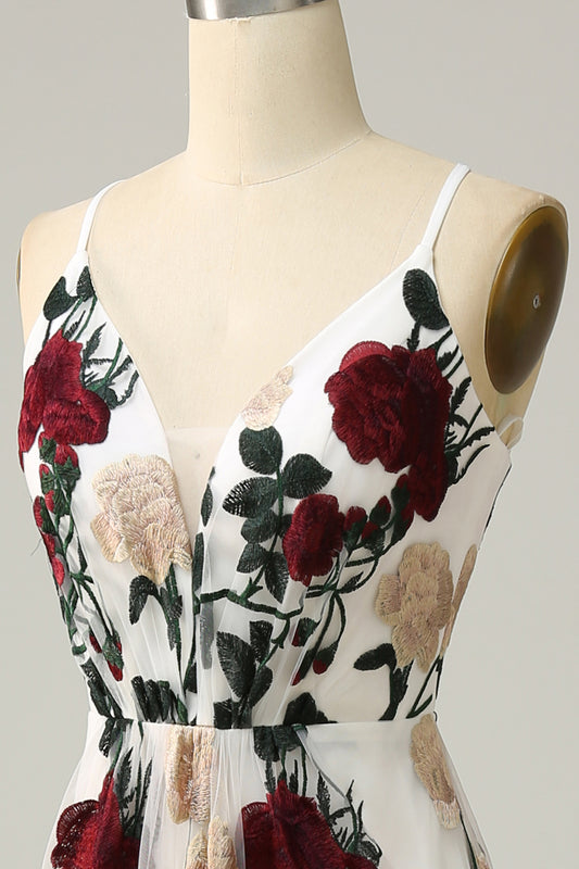 V Neck Mermaid Embroidery Flower Ivory Long Bridesmaid Dress