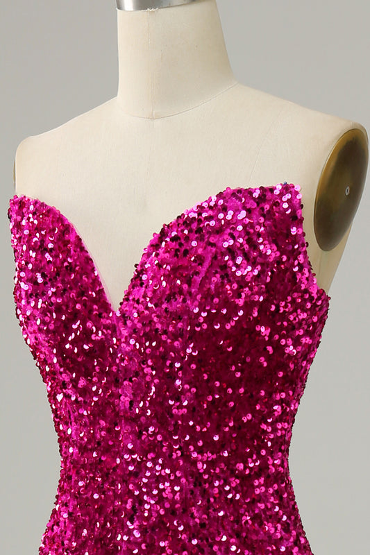 Mermaid Sequins Strapless Fuchsia Prom Dress