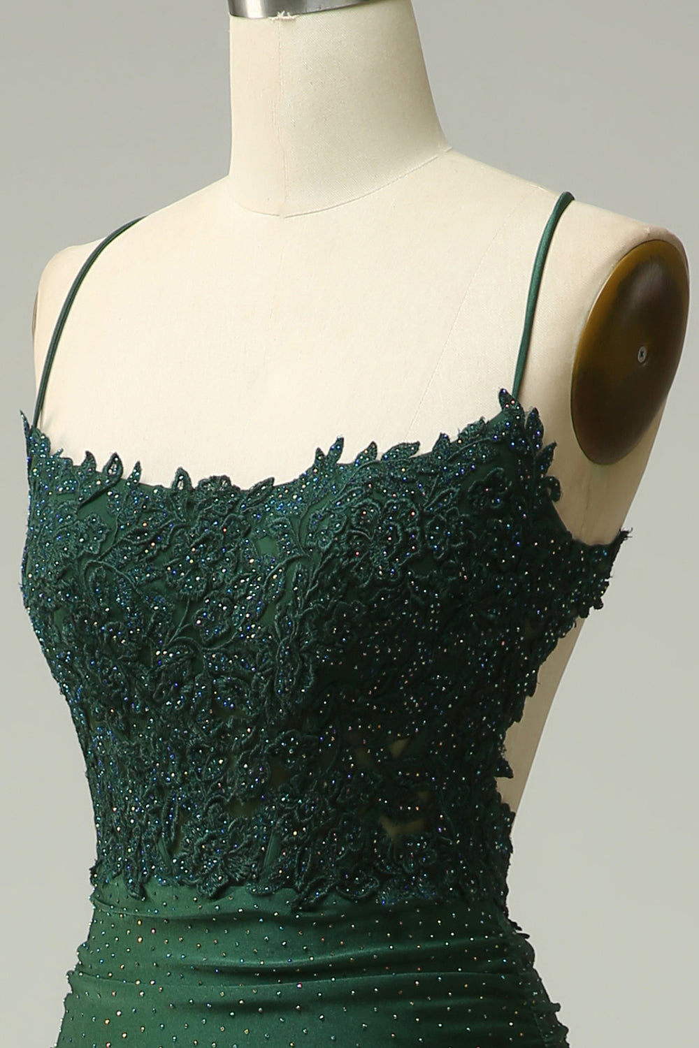 Sparkly Mermaid Dark Green Satin Spaghetti Straps Prom Dress with Lace