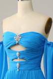 A Line Off the Shoulder Blue Long Prom Dress