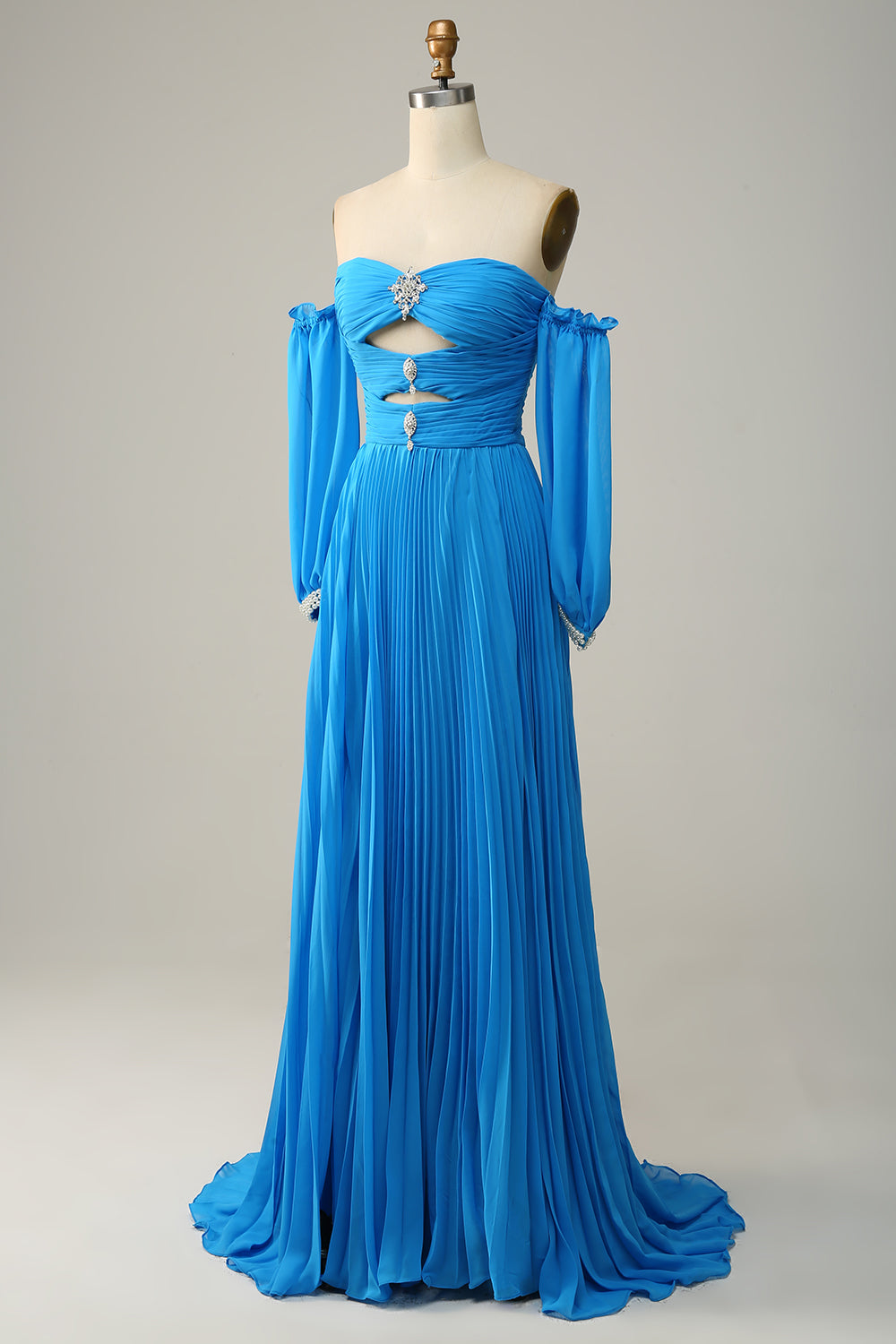 A Line Off the Shoulder Blue Long Prom Dress