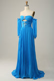 A Line Off the Shoulder Blue Long Prom Dress