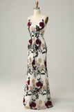 V Neck Mermaid Embroidery Flower Ivory Long Bridesmaid Dress