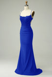 Sparkly Mermaid Dark Green Satin Spaghetti Straps Prom Dress with Lace