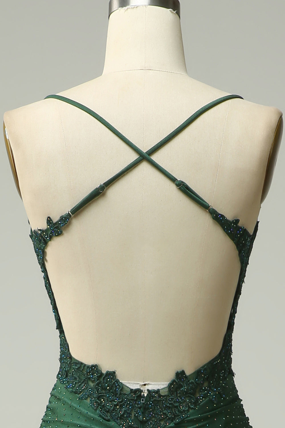 Sparkly Mermaid Dark Green Satin Spaghetti Straps Prom Dress with Lace
