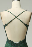 Sparkly Mermaid Dark Green Satin Spaghetti Straps Prom Dress with Lace