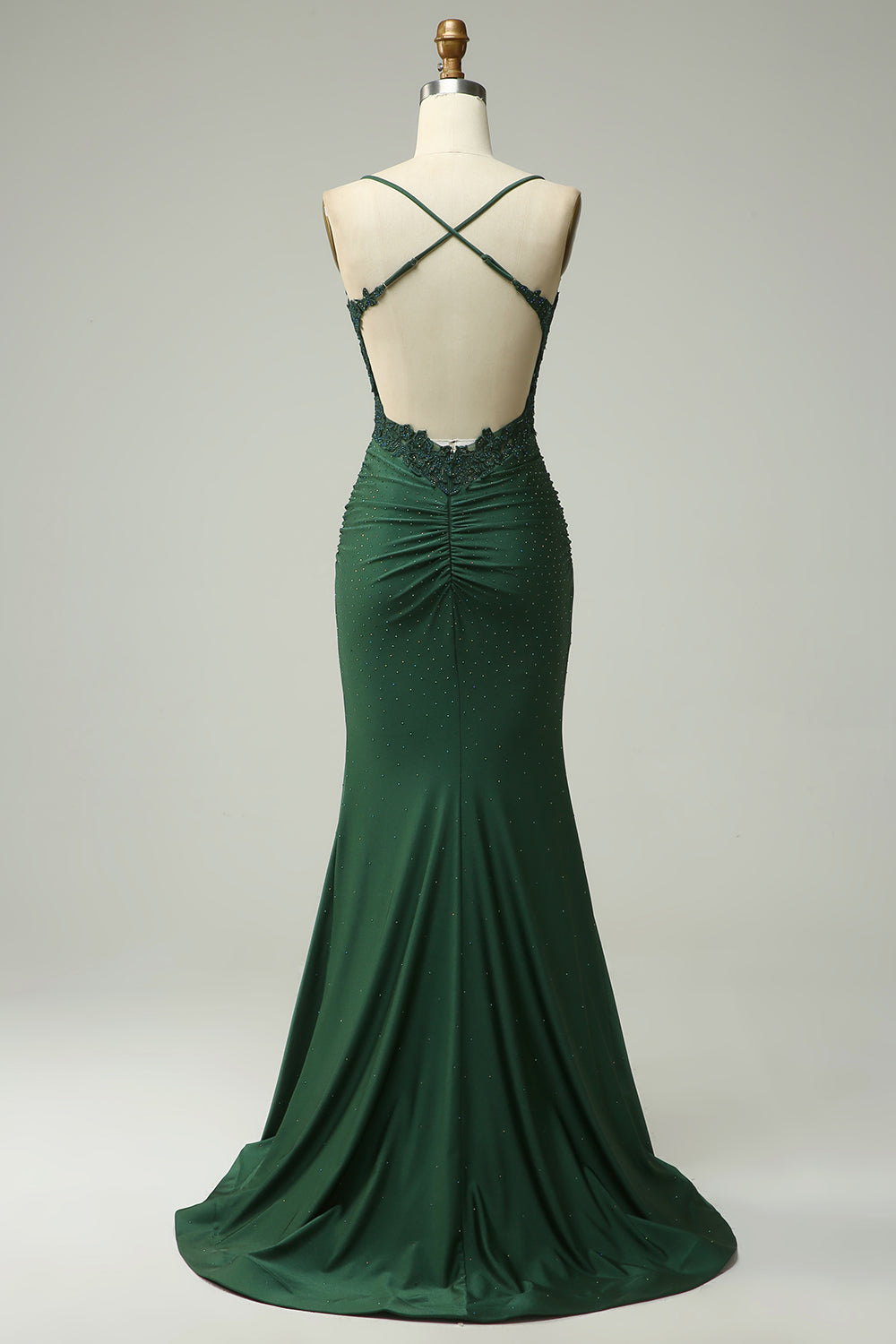 Sparkly Mermaid Dark Green Satin Spaghetti Straps Prom Dress with Lace