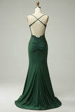 Sparkly Mermaid Dark Green Satin Spaghetti Straps Prom Dress with Lace