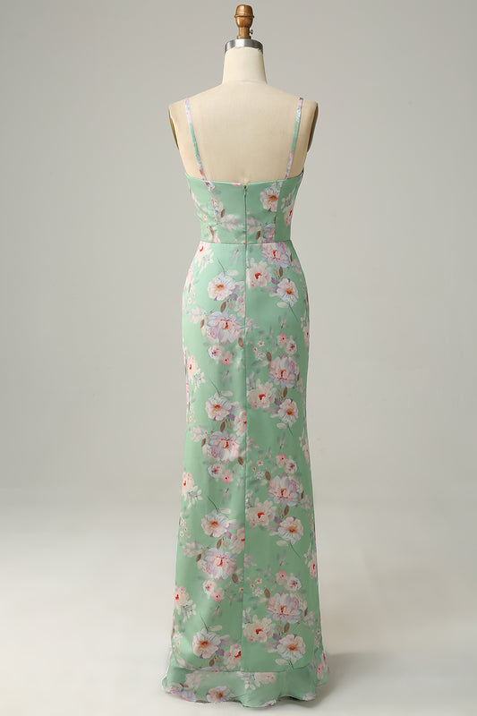 Light Green Spaghetti Straps Floral Bridesmaid Dress with Slit