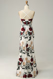 V Neck Mermaid Embroidery Flower Ivory Long Bridesmaid Dress