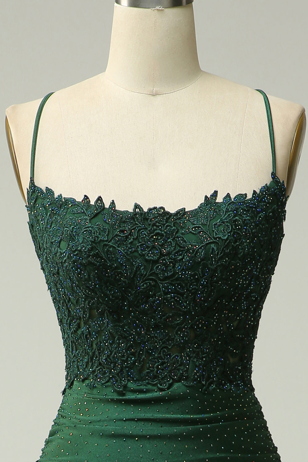 Sparkly Mermaid Dark Green Satin Spaghetti Straps Prom Dress with Lace