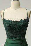 Sparkly Mermaid Dark Green Satin Spaghetti Straps Prom Dress with Lace