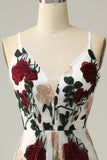 V Neck Mermaid Embroidery Flower Ivory Long Bridesmaid Dress