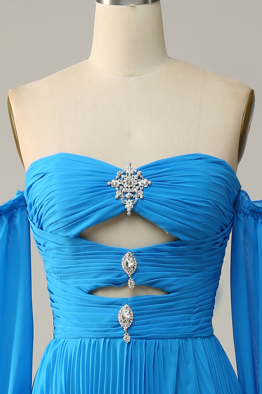 A Line Off the Shoulder Blue Long Prom Dress