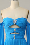 A Line Off the Shoulder Blue Long Prom Dress