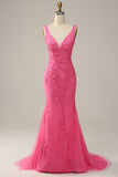 Mermaid Pink Deep V Neck Long Prom Dress with Appliques