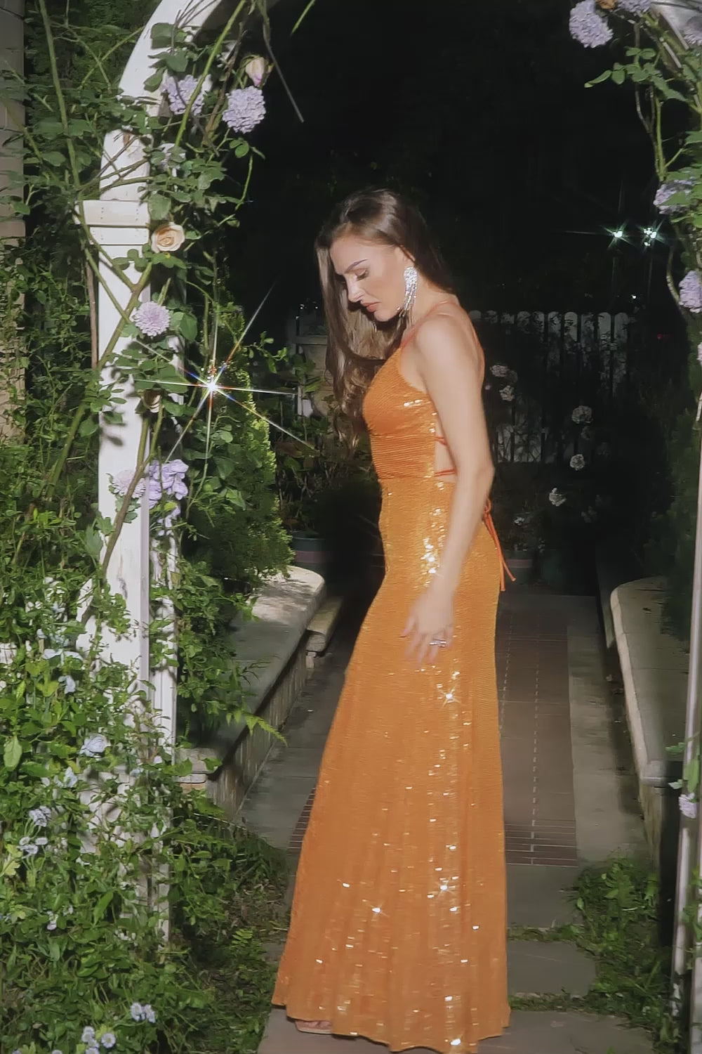 Orange Sequins Prom Dress With Criss Cross Back