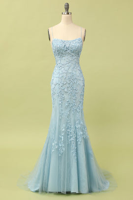 Mermaid Blue Long Prom Dress Spaghetti Straps Backless Evening Dress